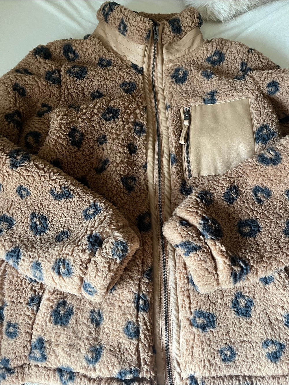 Abercrombie & Fitch Tan Teddy Jacket with Black Leopard Spots